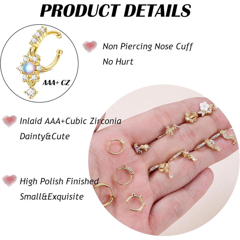 12-16Pcs Nose Cuff Fake Nose Ring Hoop Clip on Nose Ring CZ Dangle Fake Nose Ring Cartilage Tragus Ring Nose Cuff Non Piercing for Women Men Gold Silver