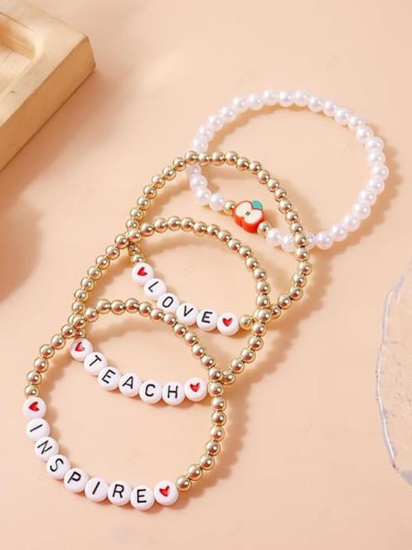 Teacher Appreciation Beaded Bracelet, Faux Pearl Decorated Bracelet for Women & Girls, Fashion Diy Jewelry for Party, Daily Clothing Decor, Birthday Gift