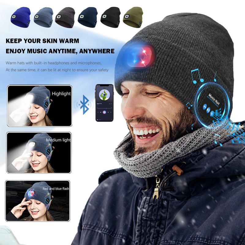 Bluetooth Beanie Hat with Light, Music Hat, USB Rechargeable Headlamp Beanie, Gifts for Dad Father Men Husband Warm Knitted Cap Black