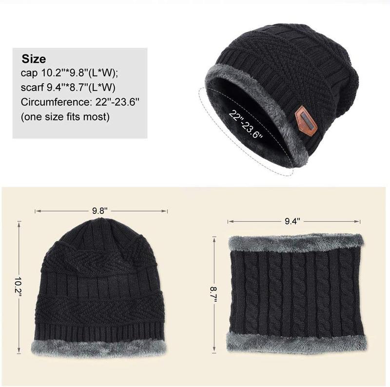 Mens Womens Winter Beanie Hat Scarf Set Warm Knit Hat Thick Fleece Lined Skull Cap  Warmer