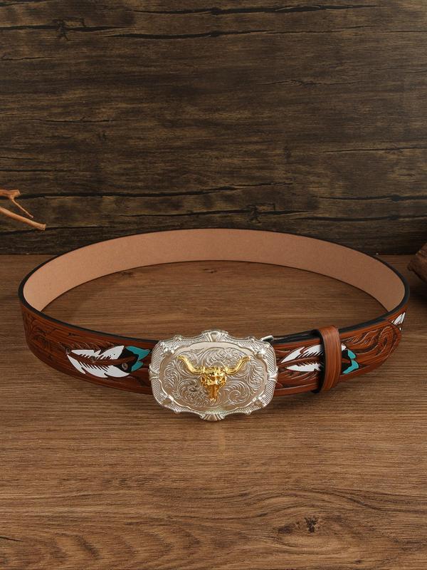 Men's Bull Head Buckle Western Belt, Fashionable Feather Pattern Belt for Men, Casual Waistband for Jeans Trousers, Fashion Belt for Party, Daily Clothing Decor