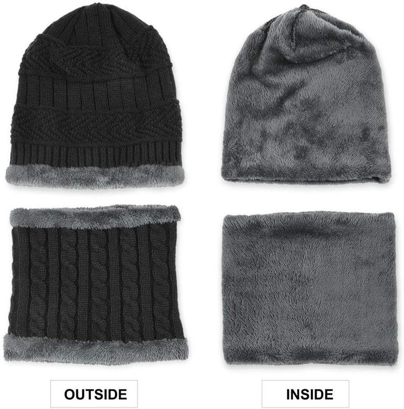 Mens Womens Winter Beanie Hat Scarf Set Warm Knit Hat Thick Fleece Lined Skull Cap  Warmer