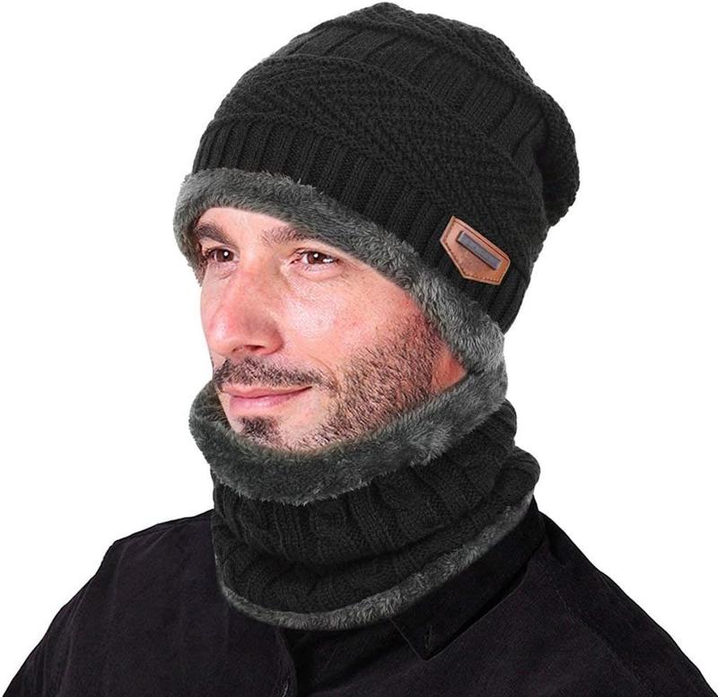 Mens Womens Winter Beanie Hat Scarf Set Warm Knit Hat Thick Fleece Lined Skull Cap  Warmer