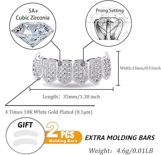 2Pcs Set Hip Hop Cubic Zirconia Teeth Grills Punk Tooth Caps Cosplay Rapper Jewelry Glittering Hip Hop Cubic Zirconia Teeth Grills - 20 Piece Top & Bottom Set for Rappers and Cosplayers - Premium Punk Tooth Caps, Instantly Transform Your Smile