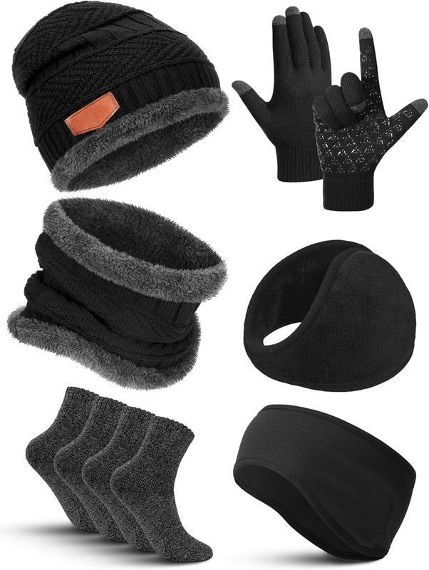 7 count Winter Beanie Hat Scarf Gloves Ear Warmer Socks Set for Men and Women Fleece Lining Beanie Touchscreen Gloves