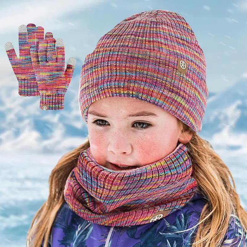 Girls Winter Hat And Gloves Set Cold Weather Hat Scarf Gloves Set Fleece Knit Gloves Thermal Warm Hat Neck Scarf For Traveling