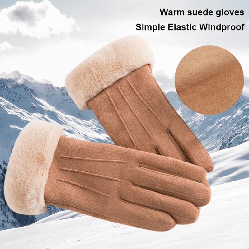 Women Winter Suede Gloves Fur Cuffs Touchscreen Gloves Soft Warm Fleece Lined Gloves for Cold Winter