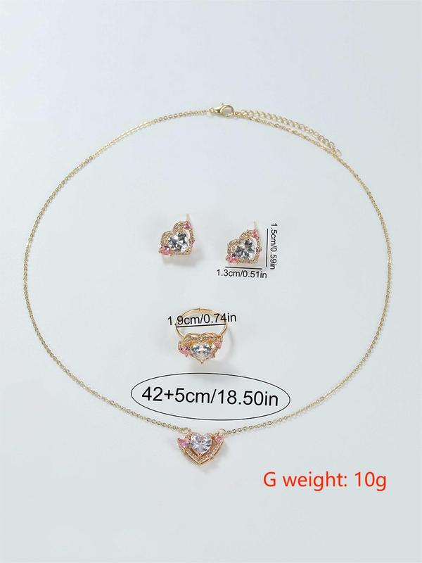 Women's Luxury Fashion Casual Rhinestone Decorated Heart Shaped Necklace & Ring & Earrings, Elegant Jewelry Set for Party, Daily Clothing Decor for Girl