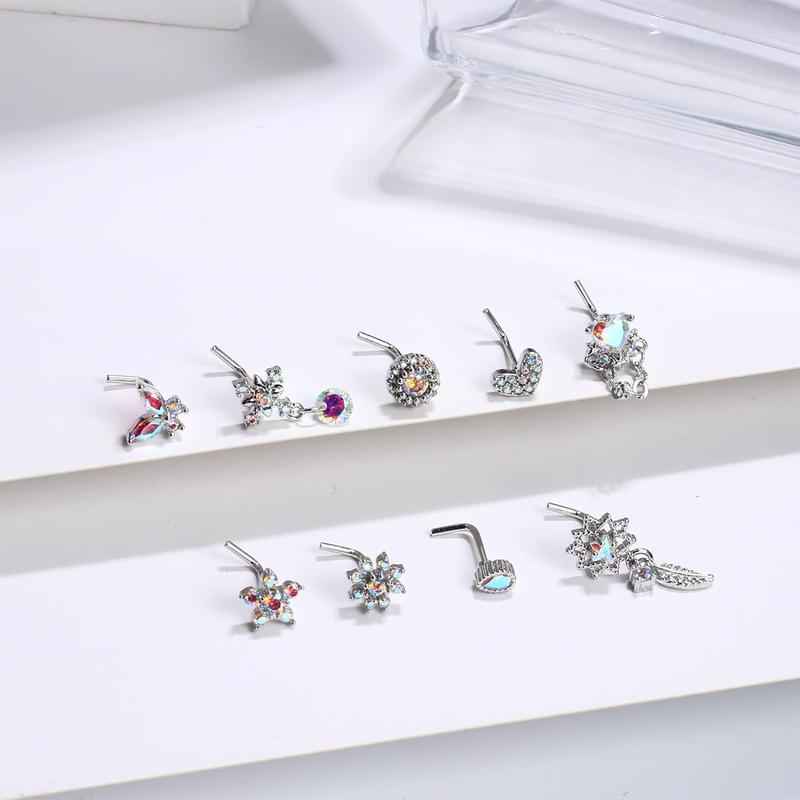 ORAZIO 9 count 20G Nose Rings Studs for Women Stainless Steel Nose Stud L Shaped Cute Dangle Nose Rings Butterfly Heart Star Feather Flower CZ L Shaped Nose Ring Studs Silver Dangling Nose Piercing Jewerly