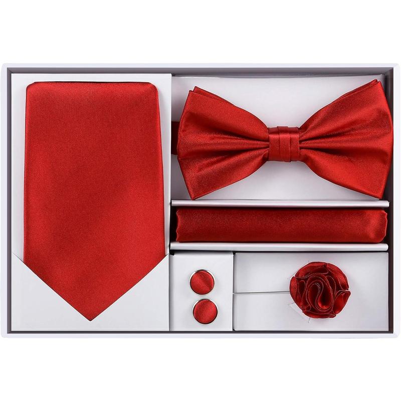 5pcs Tie Set in Gift BOX WHITE OR BLACK: Solid Color Necktie, Satin Bow Tie, Pocket Square, Lapel, Cuff Links-The Best Gift for Husband ~ Boyfriend ~