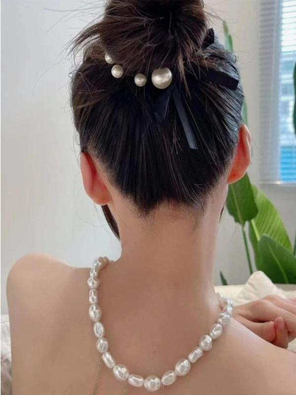 Faux Pearl Bowknot Decorated Hair Ties. Elegant High Stretch Hair Tie for Women & Girls, Minimalist Headwear Suitable for Thick Hair