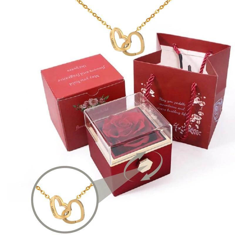 Free 2 Names Engraving Heart Necklace With Eternally Preserved Rotating Rose Box Custom Necklace with rose gift box,Valentine's gift for her