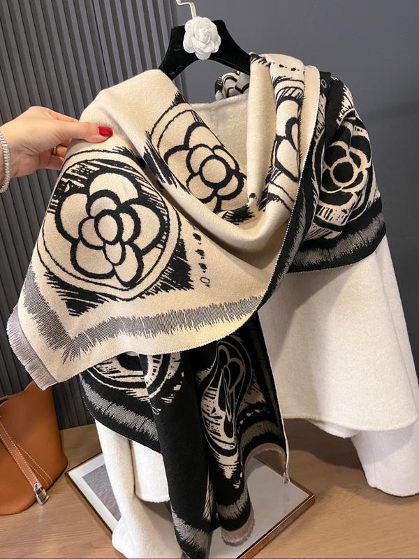 Floral Pattern Tassel Decor Shawl, Casual Soft Warm Scarf for Women & Men, Fashion Accessories for Daily Wear