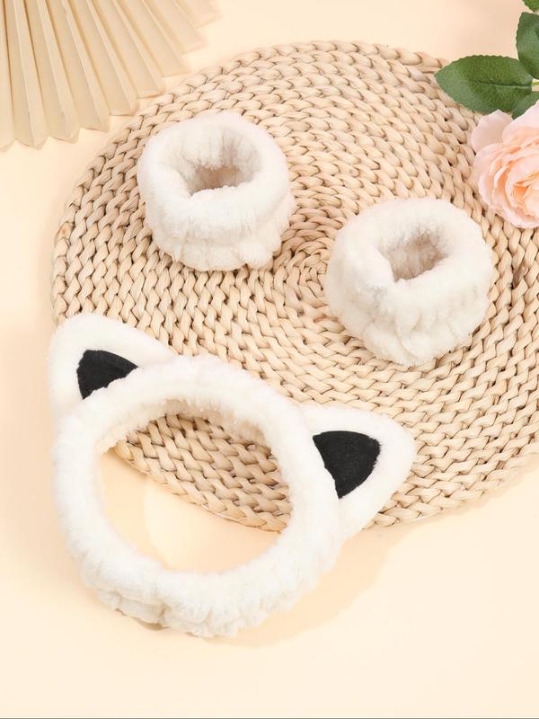 Cute Cat Ear Design Hair Band & Wristband & Hair Hoop Set, 3 Counts Face Washing Hair Band for Daily Use, Fashion Hair Accessories for Women & Girls