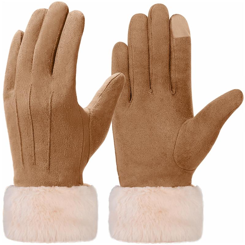 Women Winter Suede Gloves Fur Cuffs Touchscreen Gloves Soft Warm Fleece Lined Gloves for Cold Winter