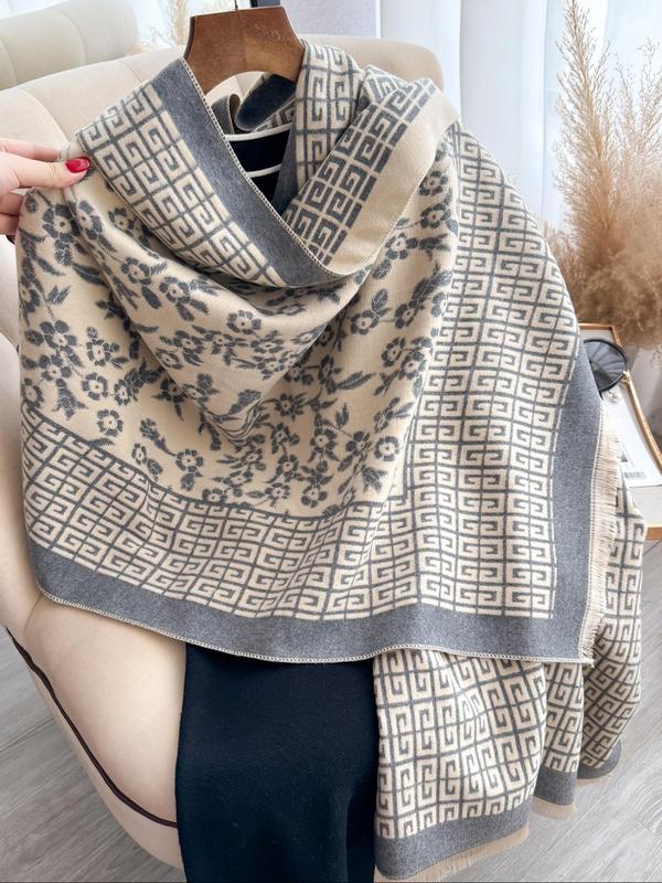 Greek Key Pattern & Ditsy Floral Pattern Two-sided Shawl, Casual Soft Warm Long Scarf for Women & Girls Fashion Accessories for Daily Wear