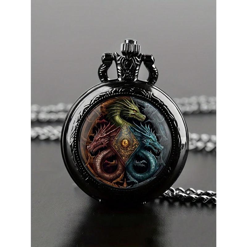 1 count Retro Dragon Quartz Pocket Watch, Cool Black Necklace PocketWatch,Unique Pendant Clock Gift