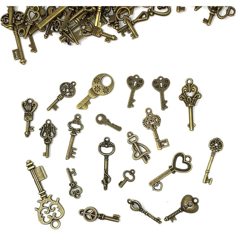 125 Count Vintage Skeleton Key Set Charms, Mixed Antique Style Bronze Brass for Pendant DIY Jewelry Making Wedding Party Favors