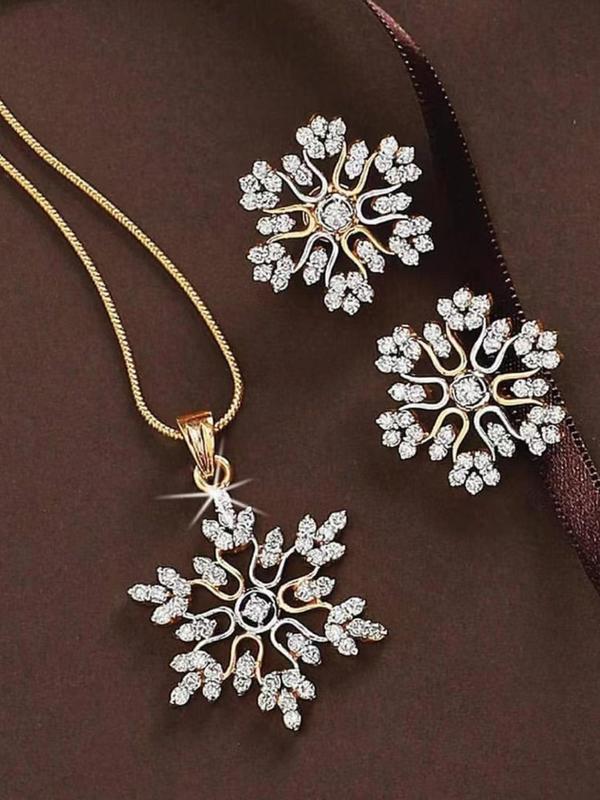 Women's Elegant Rhinestone Decor Snowflake Design Jewelry Set, Exquisite Trendy Pendant Necklace & Stud Earrings, Chic Jewelry Set for Women