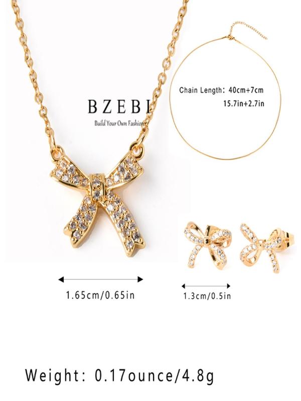 Women's Elegant Rhinestone Decorated Bowknot Design Necklace & Stud Earrings, Exquisite Trendy Jewelry Set, Fashionable Accessories for Party & Daily Clothing Decor