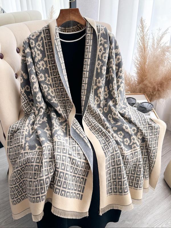 Greek Key Pattern & Ditsy Floral Pattern Two-sided Shawl, Casual Soft Warm Long Scarf for Women & Girls Fashion Accessories for Daily Wear