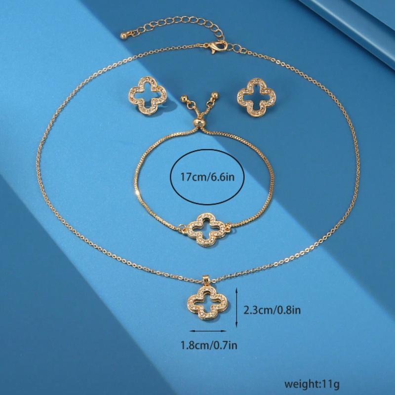 Fashionable Rhinestone Clover Necklace, Earrings and Bracelet Jewelry Set for Women