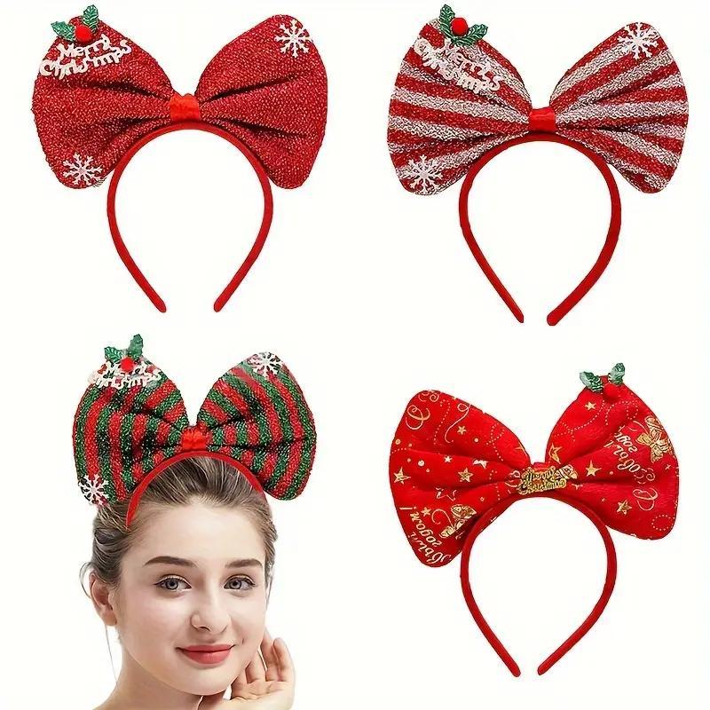 Christmas Themed Hair Accessories, 4 Counts Cute Bow & Snowflake Decor Hair Hoop, Fashion Hair Accessories for Women & Girls, Party Decoration Ideas