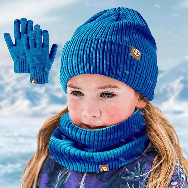 Girls Winter Hat And Gloves Set Cold Weather Hat Scarf Gloves Set Fleece Knit Gloves Thermal Warm Hat Neck Scarf For Traveling