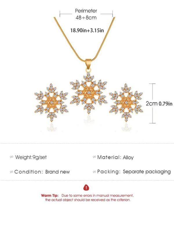 Women's Elegant Rhinestone Decor Snowflake Design Jewelry Set, Exquisite Trendy Pendant Necklace & Stud Earrings, Chic Jewelry Set for Women