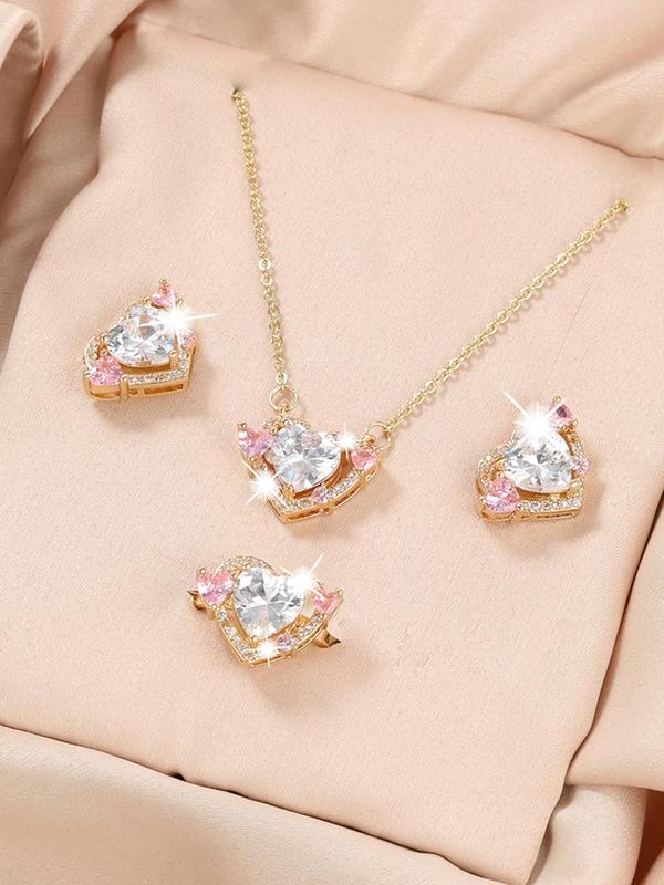 Women's Luxury Fashion Casual Rhinestone Decorated Heart Shaped Necklace & Ring & Earrings, Elegant Jewelry Set for Party, Daily Clothing Decor for Girl