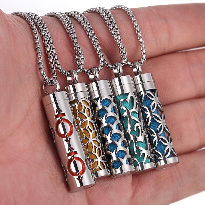 Gold stainless steel aromatherapy pendant necklace perfume bottle essential oil necklace hollow cylindrical titanium steel pendant necklace