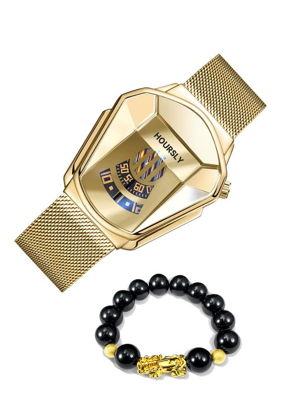 Men's Business Quartz Watch & Beaded Bracelet Set, Fashion Watch Set for Party, Daily Decor, Trendy All-match Watch Set for Birthday Gifts for Men without Box