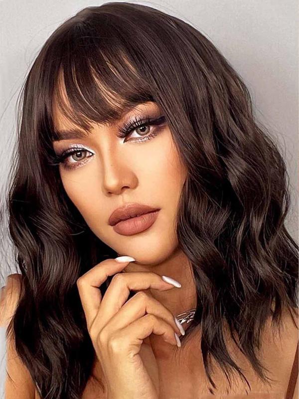 14 Inch Short Wavy Bob Color Wig with Bangs, Natural Fluffy Wigs for Women & Girls, Heat Resistant Synthetic Wigs for Party, Daily Hairstyle Ideas