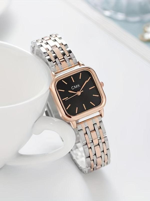 Women's Elegant Geometric Dial Quartz Watch, Fashionable Stainless Steel Strap Wristwatch for Women & Girls, Trendy All-match Watch for Birthday Gift without Box