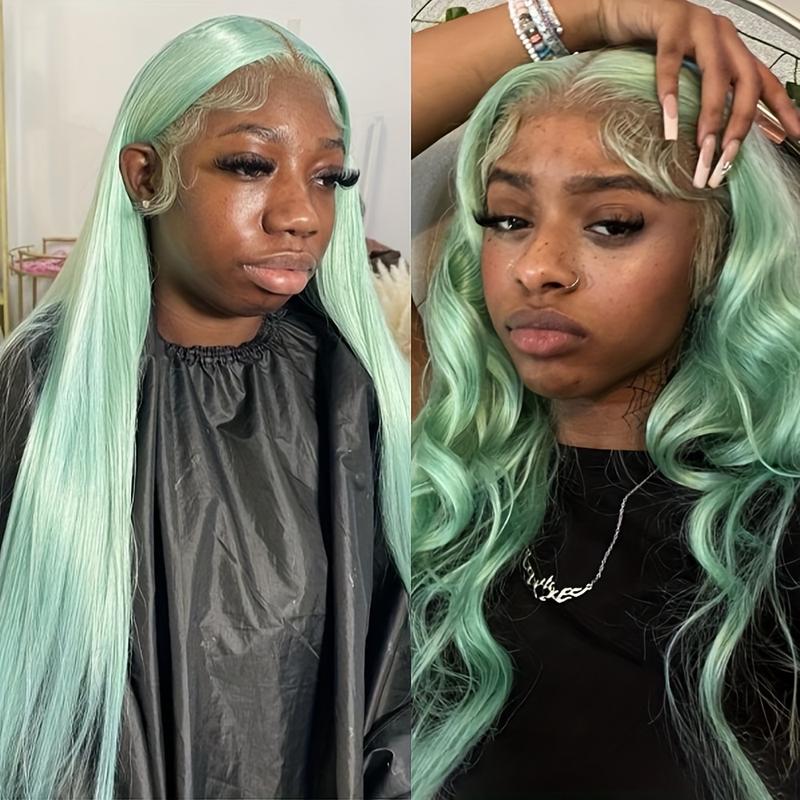 13x4 Mint Green Lace Front Wig 180 Density  Heat Resistant Fiber  for Women Light  Daily Use 28 Inch Party Halloween and Christmas Use