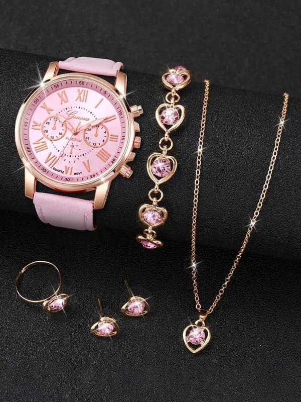 Women's Elegant Round Dial Quartz Watch & Rhinestone Decor Jewelry Set, without Box, Fashion Watch Set for Party Decor, Trendy Exquisite Watch Set for Birthday Gift