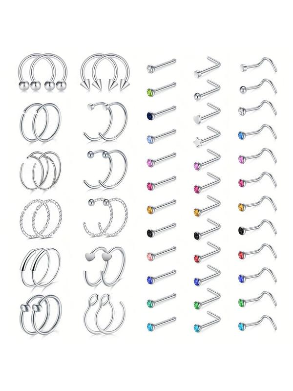 Stainless Steel Rhinestone Design Nose Ring, 60pcs set Mixed Shape Nose Ring, Fashionable Nose Ring for Women & Men, Body Jewelry for Party, Daily Clothing Decor