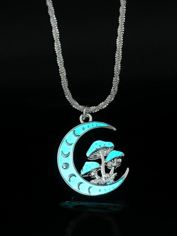 Street Style Moon & Mushroom Design Pendant Necklace, Fashion Luminous Charm Necklace for Party, Daily Decor, Trendy All-match & Exquisite Jewelry for Birthday Gift