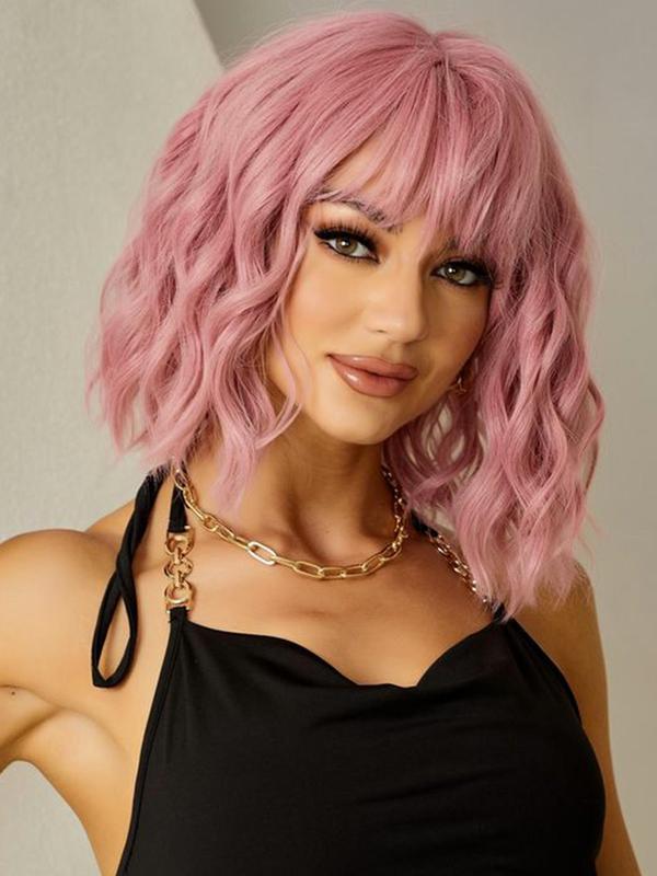 14 Inch Short Wavy Bob Color Wig with Bangs, Natural Fluffy Wigs for Women & Girls, Heat Resistant Synthetic Wigs for Party, Daily Hairstyle Ideas