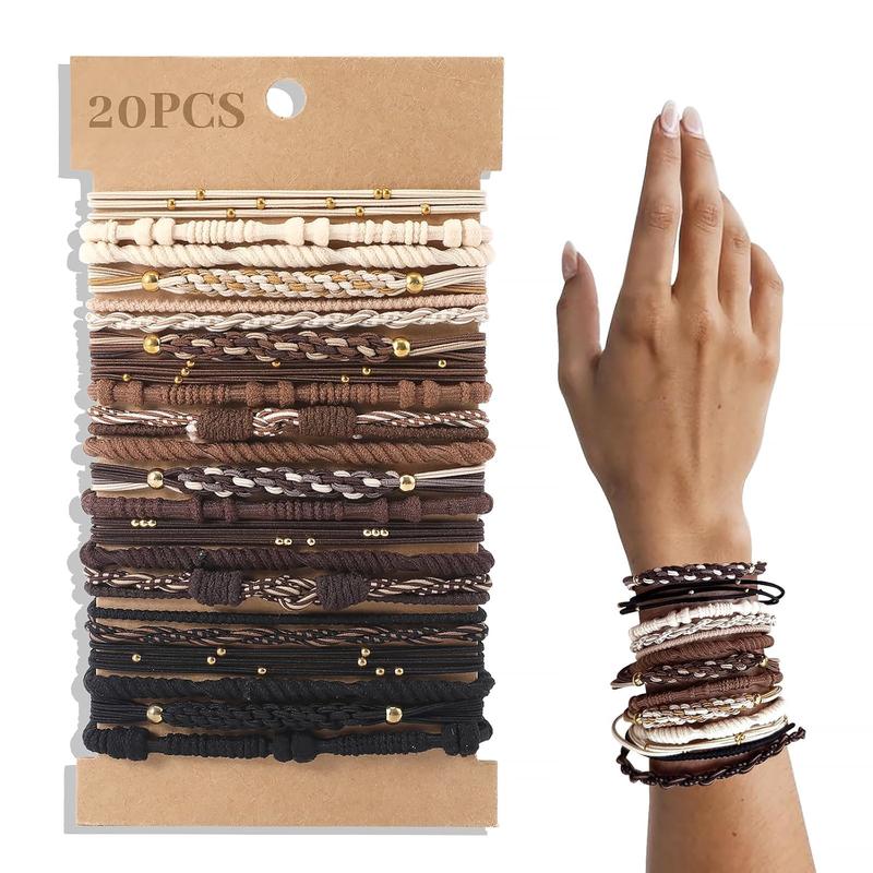 20 PCS Boho Hair Ties, Bracelets for Thick or Thin Hair, 5 Styles Ponytail Holders, No-Damage, Neutral Color