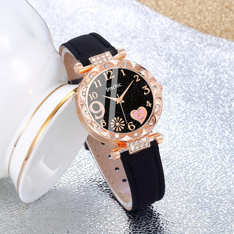 2pcs Elegant Set: Sparkling Heart-Shaped Quartz Watch with Durable Faux Leather Band - Wrist Watches for Women, Perfect Valentine's Day Gift, Romantic Jewelry Accessory with Matching Heart-Shaped Bracelet