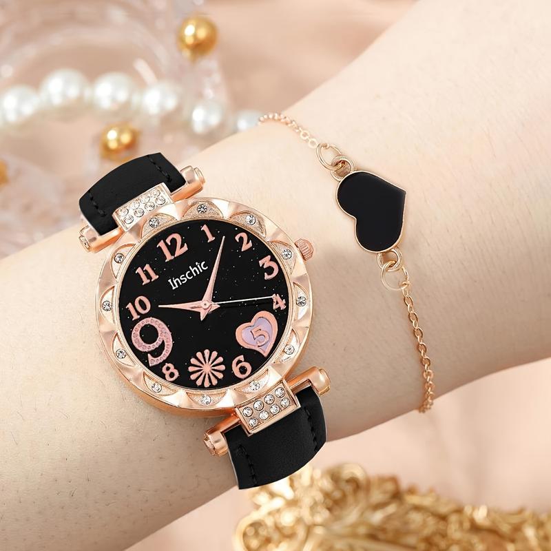 2pcs Elegant Set: Sparkling Heart-Shaped Quartz Watch with Durable Faux Leather Band - Wrist Watches for Women, Perfect Valentine's Day Gift, Romantic Jewelry Accessory with Matching Heart-Shaped Bracelet