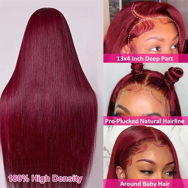 99j Burgundy Colored Lace Front Wig 200% Density 13X6 HD Lace Frontal Human Hair Wigs For Woman  Red Colored 13x4 Straight Lace Front Wig Pre Plucked