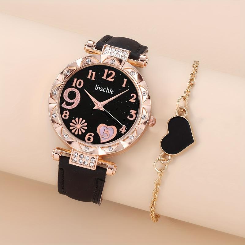 2pcs Elegant Set: Sparkling Heart-Shaped Quartz Watch with Durable Faux Leather Band - Wrist Watches for Women, Perfect Valentine's Day Gift, Romantic Jewelry Accessory with Matching Heart-Shaped Bracelet