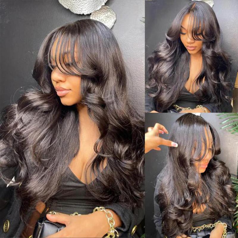 Tunfine Curtain Bangs Face-Framing Body Wave Human Hair Wigs Chocolate Brown Ready To Go Glueless Wigs For Women 6x9 Lace Pre-Plucked Hairline Pre-Cut Lace 200% Density Black Friday 2024