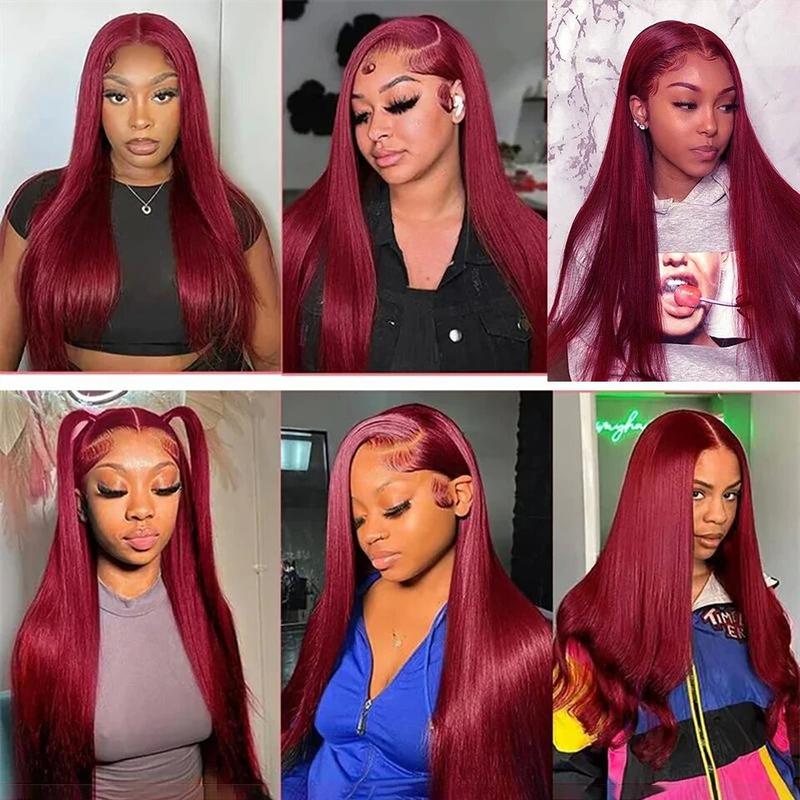 99j Burgundy Colored Lace Front Wig 200% Density 13X6 HD Lace Frontal Human Hair Wigs For Woman  Red Colored 13x4 Straight Lace Front Wig Pre Plucked