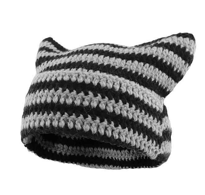 2 PACK Cat Ear Beanie for Women Men Crochet Hat Knitted Hat Cute Hat with Ears Cat Beanie Y2k Winter Hat Slouchy Beanie