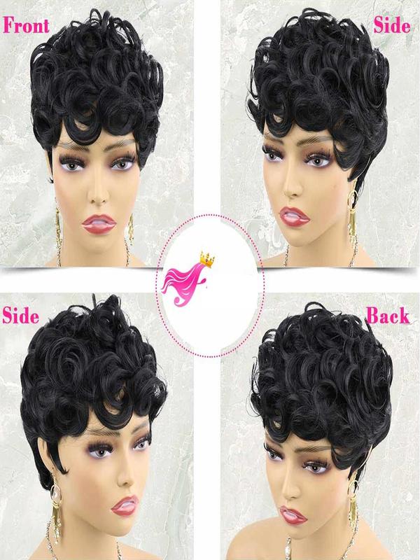 Women's Natural Black Short Pixie Cut Wigs with Bangs, Striking Layered Curly Synthetic Wigs for Party, Daily Use, Anime Cosplay Hairstyle Idea