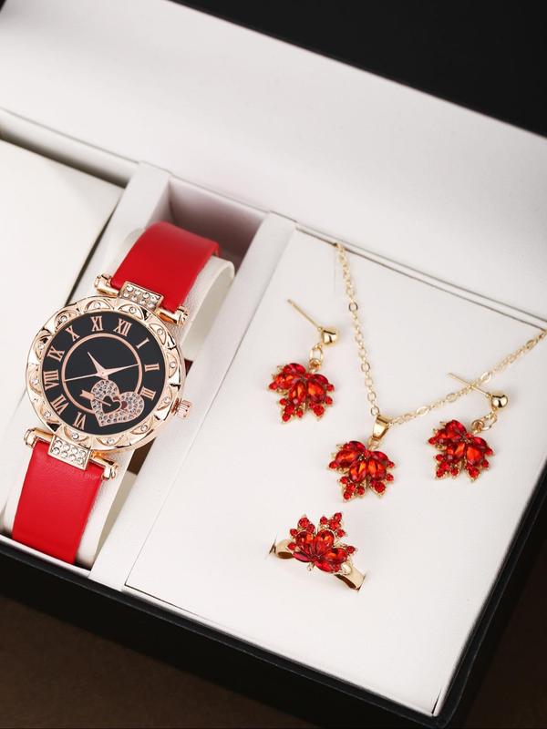 Women's Elegant Rhinestone Decor Quartz Watch & Jewelry Set, Including Round Dial Wristwatch & Maple Leaf Design Necklace & Ring & Earrings, Fashion Watch Set for Women As Gift, without Box