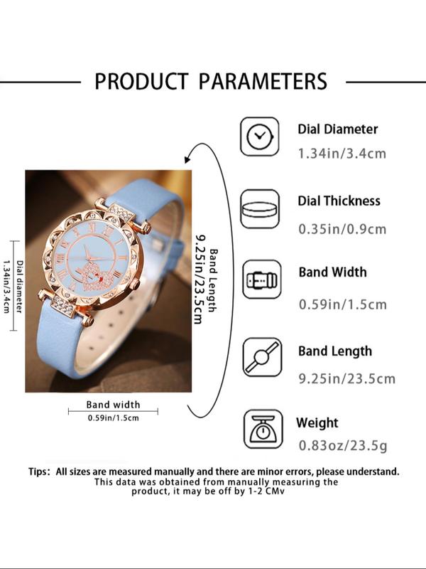 Women's Elegant Rhinestone Decor Quartz Watch & Jewelry Set, Including Round Dial Wristwatch & Maple Leaf Design Necklace & Ring & Earrings, Fashion Watch Set for Women As Gift, without Box